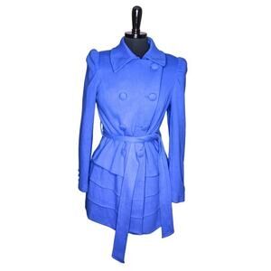 INC Coat Double Breasted Belted Blue Cotton Ruffle Tiered Bottom M